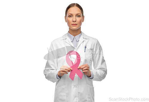 Image of female doctor with breast cancer awareness ribbon