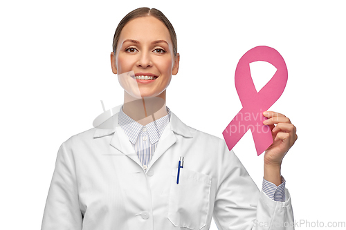 Image of female doctor with breast cancer awareness ribbon