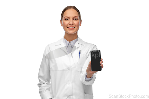 Image of happy female doctor or scientist with smartphone