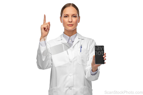 Image of female doctor or scientist with smartphone