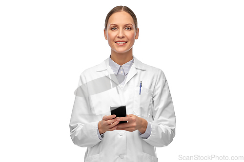 Image of happy smiling female doctor with smartphone