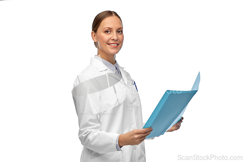 Image of smiling female doctor or scientist with folder