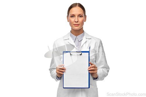 Image of female doctor or scientist with clipboard