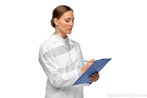 Image of asan female doctor or scientist with clipboard