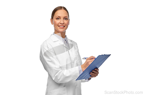 Image of smiling female doctor or scientist with clipboard