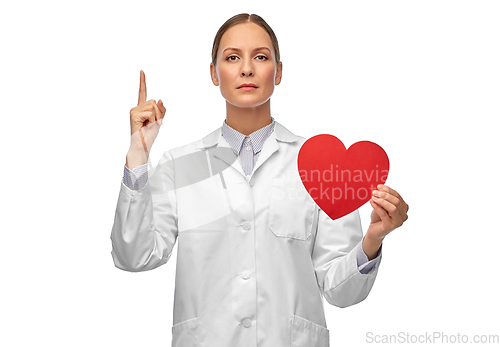 Image of female doctor with heart pointing finger up