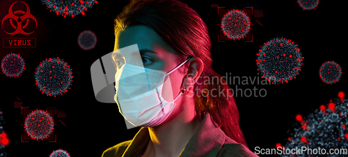 Image of woman wearing medical mask protecting from virus