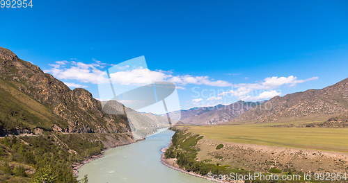 Image of waves, spray and foam, river Katun in Altai mountains. Siberia, Russia