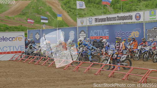 Image of MOSCOW - JUNE 4: Motorcyclist at the European Championship in motocross in Russia on June 4, 2017 in Moscow, Russia. UltraHD stock footage