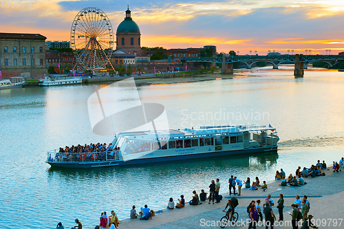 Image of People Toulouse river embankment. France