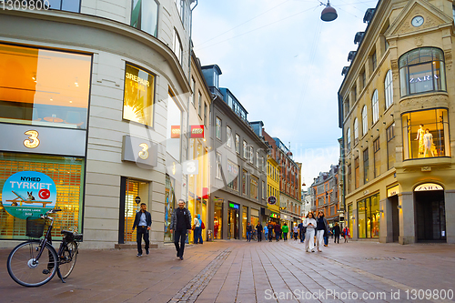 Image of People Stroget shopping street Copenhagen.