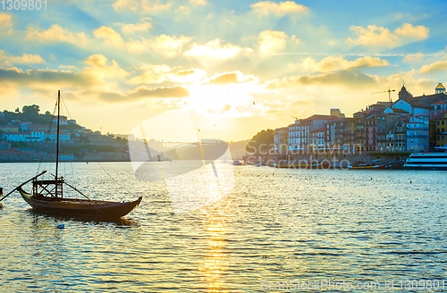 Image of Porto skyline wine boat Portugal