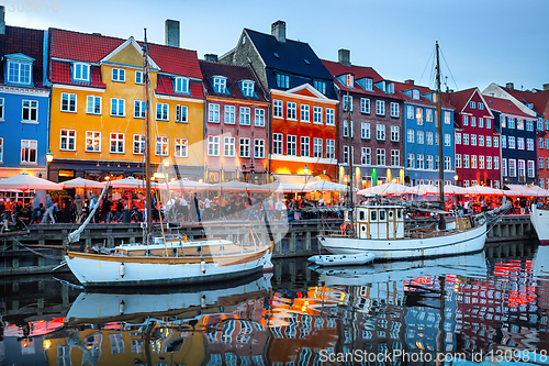 Image of Nyhavn illuminated at night, Copenhagen
