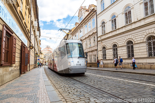 Image of Prague red Tram detail, Czech Republic