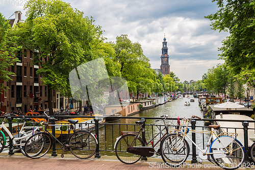 Image of Bicycles on a bridge over the canals of Amsterdam