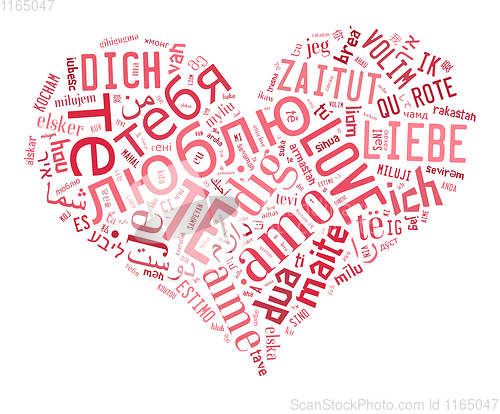 Image of wordcloud Love you in different languages in heart shape