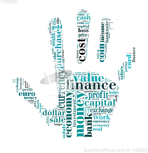 Image of wordcloud finance and business words on hand shape