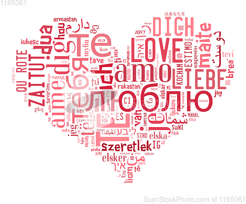 Image of wordcloud Love you in different languages in heart shape