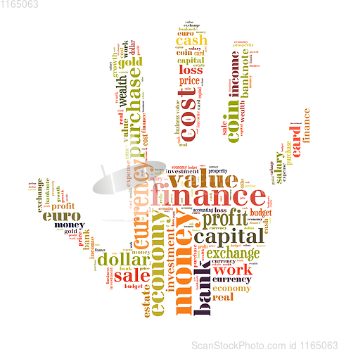 Image of wordcloud finance and business words on hand shape