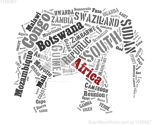 Image of African words cloud in elephant shape.