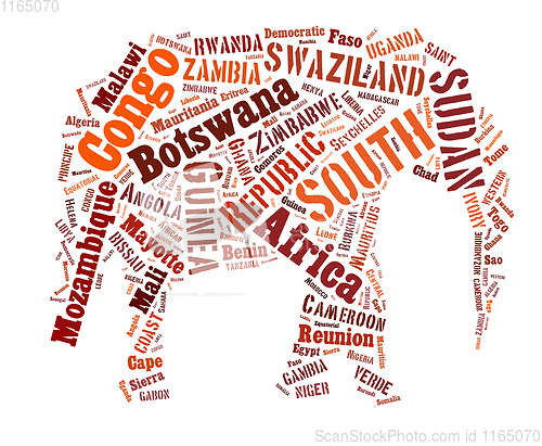 Image of African words cloud in elephant shape.