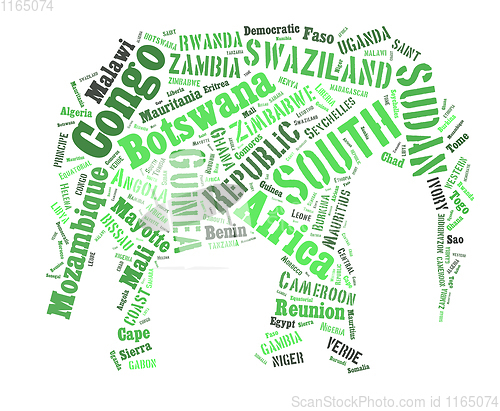 Image of African words cloud in elephant shape.