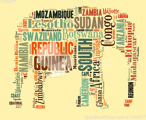 Image of African words cloud in elephant shape.