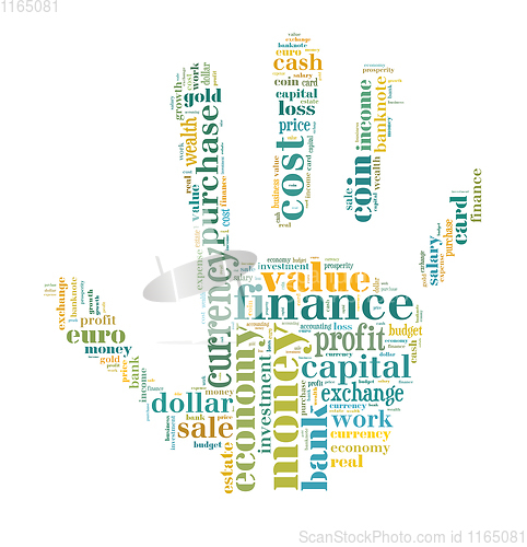 Image of wordcloud finance and business words on hand shape