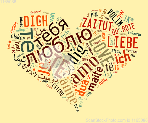 Image of wordcloud Love you in different languages in heart shape