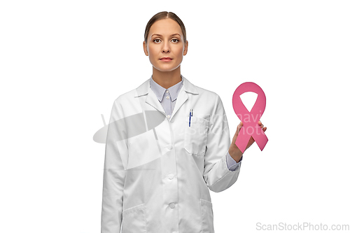 Image of female doctor with breast cancer awareness ribbon