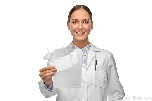 Image of smiling female doctor with prescription blank