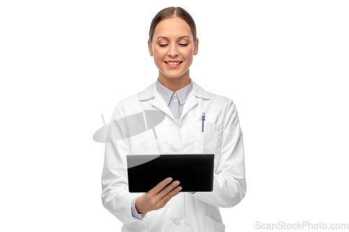 Image of female doctor or scientist with tablet computer