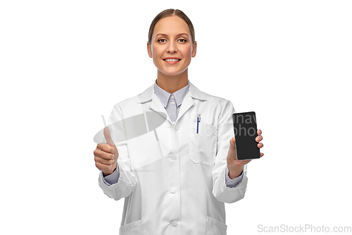 Image of female doctor with smartphone showing thumbs up