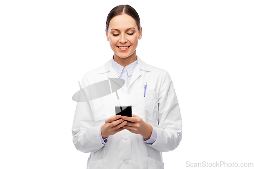 Image of happy smiling female doctor with smartphone