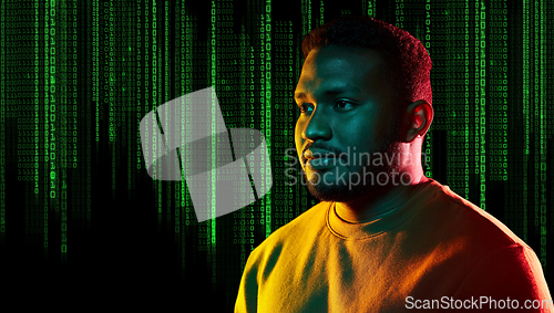 Image of young african american man over binary code