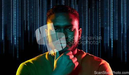 Image of young african american man over binary code