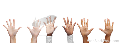 Image of hands of people with diverse ethnicity