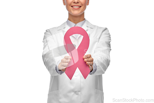 Image of female doctor with breast cancer awareness ribbon