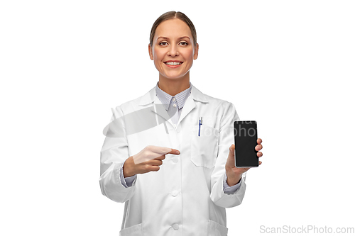 Image of happy female doctor or scientist with smartphone