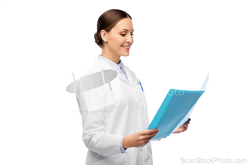 Image of happy smiling female doctor with folder