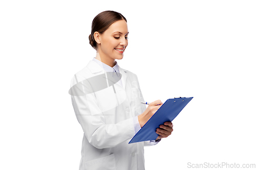 Image of happy smiling female doctor with clipboard