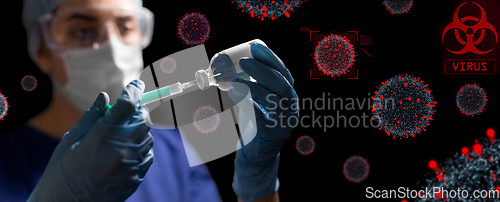 Image of doctor in face mask with syringe and medicine