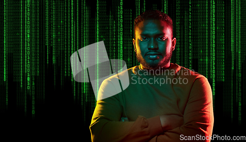 Image of young african american man over binary code