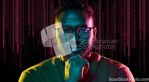 Image of young african american man over binary code