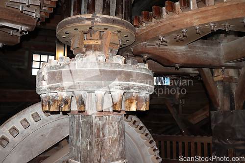 Image of Old wooden mechanism in a windmill in the Netherlands