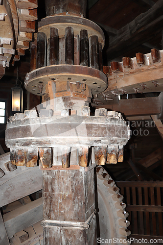 Image of Old wooden mechanism in a windmill in the Netherlands