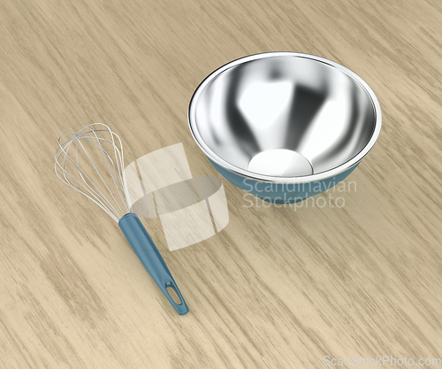 Image of Balloon whisk and empty metal bowl
