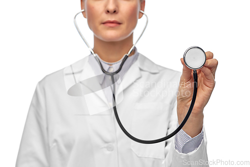 Image of close up of female doctor with stethoscope