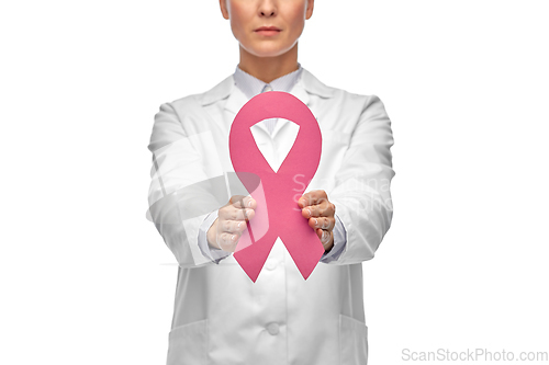 Image of female doctor with breast cancer awareness ribbon