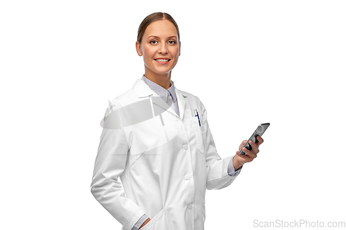 Image of happy smiling female doctor with smartphone